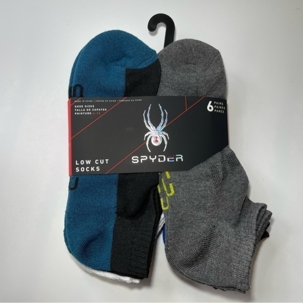 Spyder men’s low cut socks 6 pairs size 6-12 black gray white blue yellow